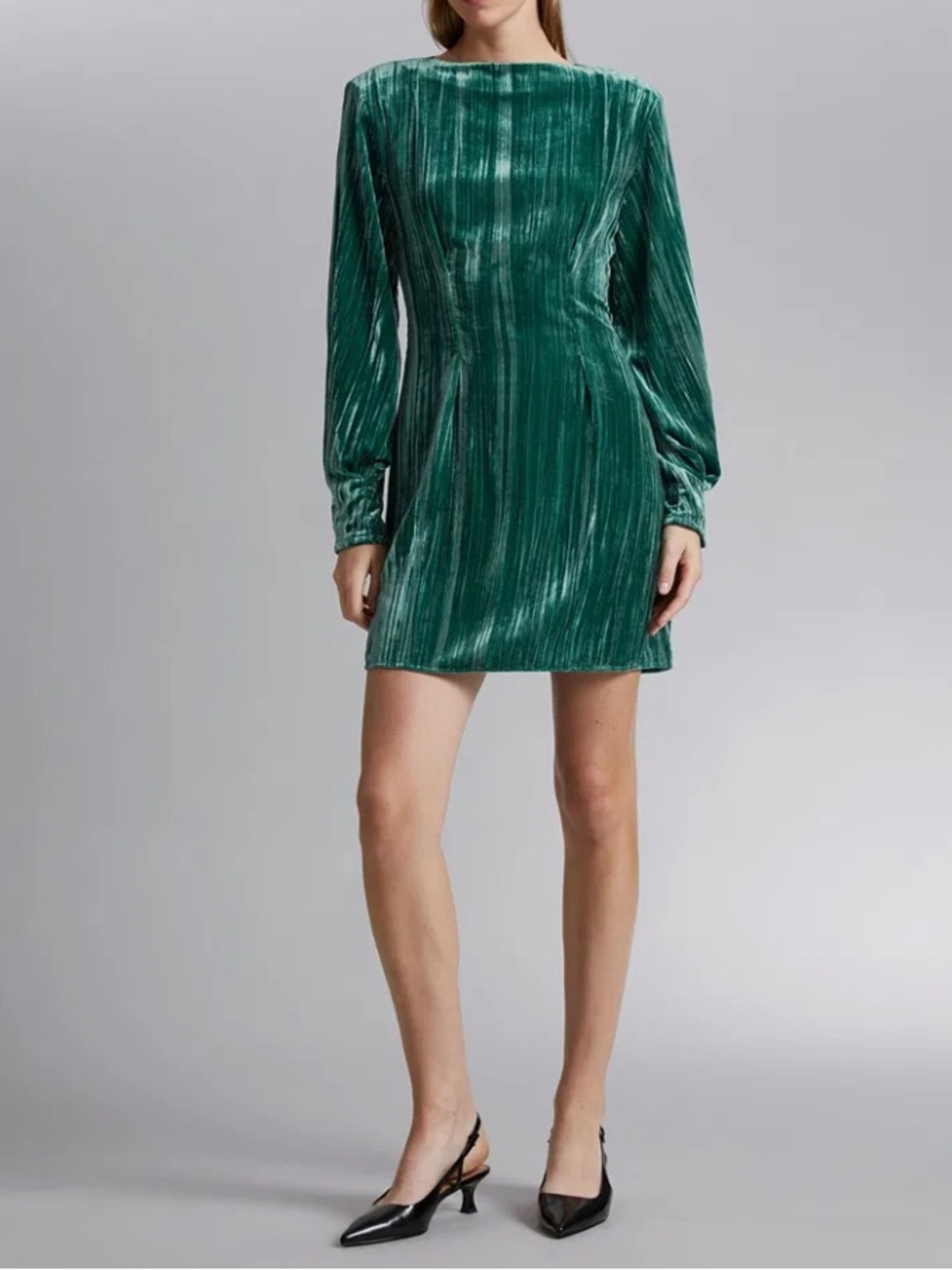 & Other Stories long sleeve structured mini dress green crushed velvet large